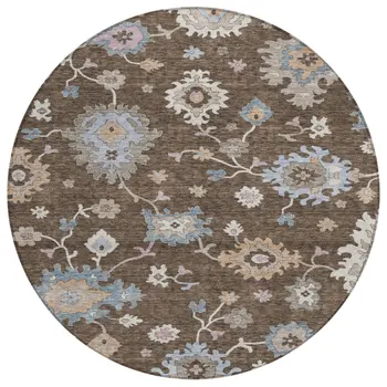 8' Chocolate Beige And Blue Round Floral Washable Indoor Outdoor Area Rug