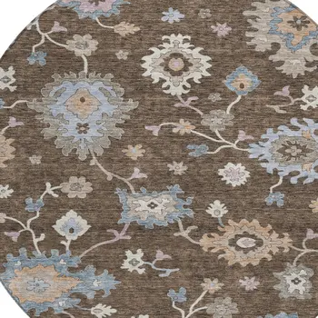 8' Chocolate Beige And Blue Round Floral Washable Indoor Outdoor Area Rug