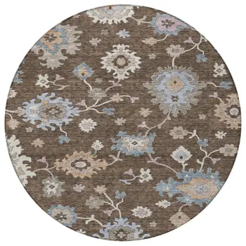 8' Chocolate Beige And Blue Round Floral Washable Indoor Outdoor Area Rug