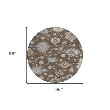 8' Chocolate Beige And Blue Round Floral Washable Indoor Outdoor Area Rug