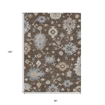 8' X 10' Chocolate Beige And Blue Floral Washable Indoor Outdoor Area Rug