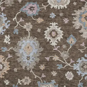 8' X 10' Chocolate Beige And Blue Floral Washable Indoor Outdoor Area Rug