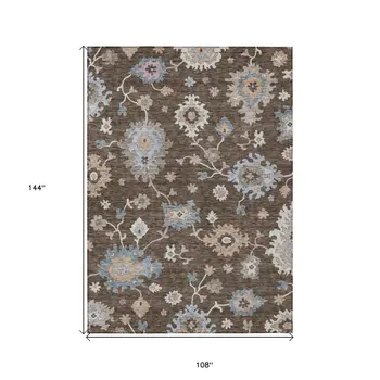 9' X 12' Chocolate Beige And Blue Floral Washable Indoor Outdoor Area Rug
