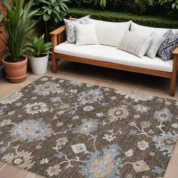 9' X 12' Chocolate Beige And Blue Floral Washable Indoor Outdoor Area Rug