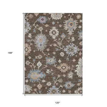 10' X 14' Chocolate Beige And Blue Floral Washable Indoor Outdoor Area Rug
