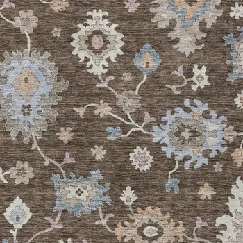 10' X 14' Chocolate Beige And Blue Floral Washable Indoor Outdoor Area Rug