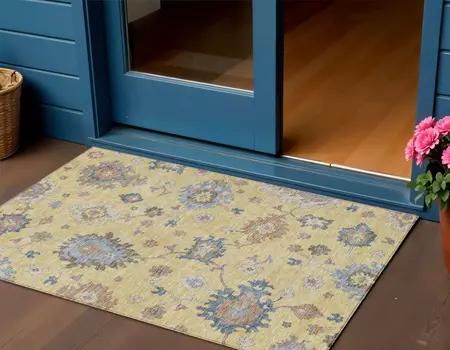 3' X 5' Gold Brown And Blue Floral Washable Indoor Outdoor Area Rug
