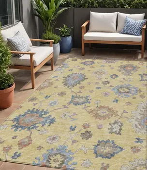 5' X 8' Gold Brown And Blue Floral Washable Indoor Outdoor Area Rug