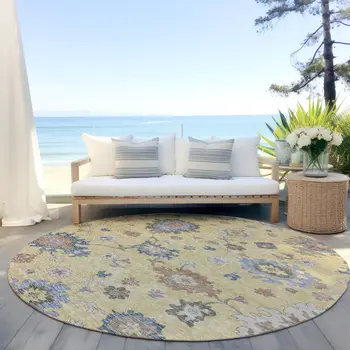 8' Gold Brown And Blue Round Floral Washable Indoor Outdoor Area Rug