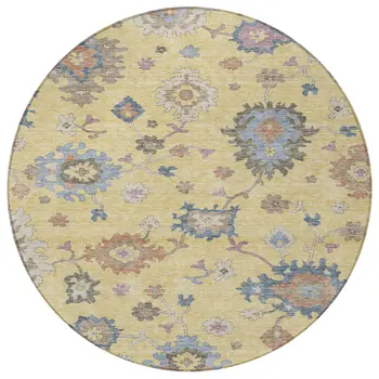 8' Gold Brown And Blue Round Floral Washable Indoor Outdoor Area Rug