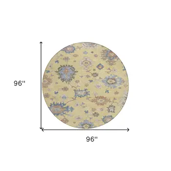 8' Gold Brown And Blue Round Floral Washable Indoor Outdoor Area Rug