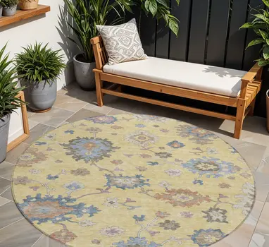 8' Gold Brown And Blue Round Floral Washable Indoor Outdoor Area Rug