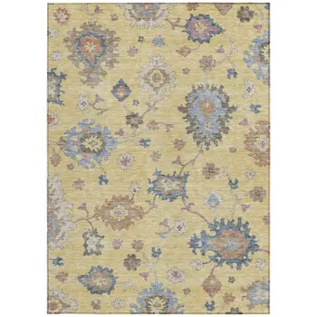 8' X 10' Gold Brown And Blue Floral Washable Indoor Outdoor Area Rug
