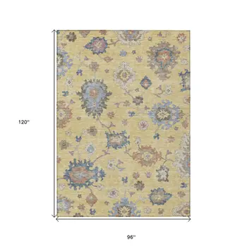 8' X 10' Gold Brown And Blue Floral Washable Indoor Outdoor Area Rug