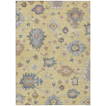 8' X 10' Gold Brown And Blue Floral Washable Indoor Outdoor Area Rug