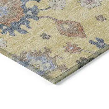 8' X 10' Gold Brown And Blue Floral Washable Indoor Outdoor Area Rug
