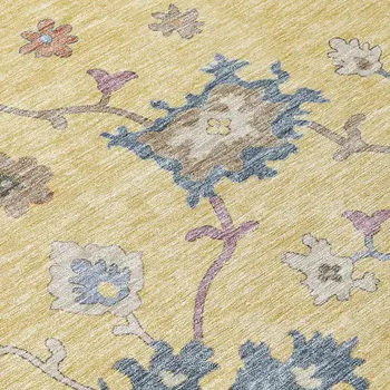 8' X 10' Gold Brown And Blue Floral Washable Indoor Outdoor Area Rug