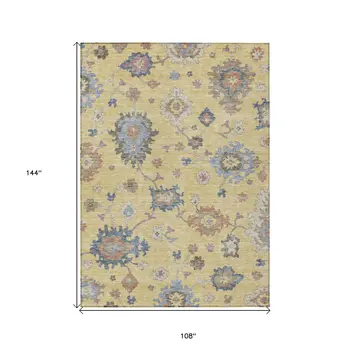 9' X 12' Gold Brown And Blue Floral Washable Indoor Outdoor Area Rug