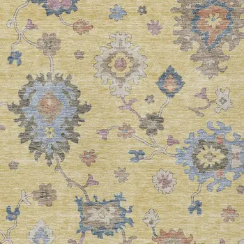 9' X 12' Gold Brown And Blue Floral Washable Indoor Outdoor Area Rug