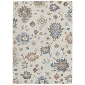 3' X 5' Ivory Brown And Blue Floral Washable Indoor Outdoor Area Rug