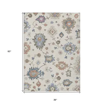 3' X 5' Ivory Brown And Blue Floral Washable Indoor Outdoor Area Rug