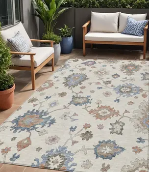 5' X 8' Ivory Brown And Blue Floral Washable Indoor Outdoor Area Rug