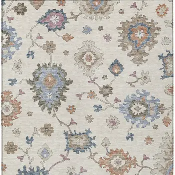 8' X 10' Ivory Brown And Blue Floral Washable Indoor Outdoor Area Rug