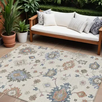 10' X 14' Ivory Brown And Blue Floral Washable Indoor Outdoor Area Rug