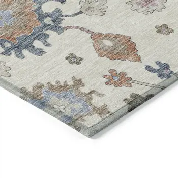 10' X 14' Ivory Brown And Blue Floral Washable Indoor Outdoor Area Rug