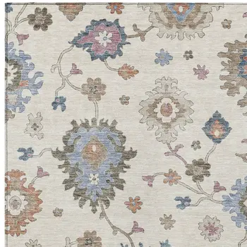 10' X 14' Ivory Brown And Blue Floral Washable Indoor Outdoor Area Rug