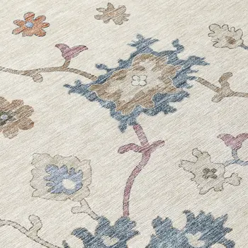 10' X 14' Ivory Brown And Blue Floral Washable Indoor Outdoor Area Rug
