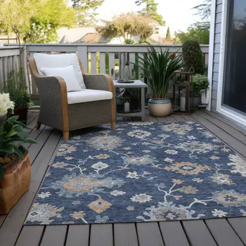 3' X 5' Navy Blue Beige And Gray Floral Washable Indoor Outdoor Area Rug