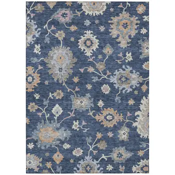 3' X 5' Navy Blue Beige And Gray Floral Washable Indoor Outdoor Area Rug