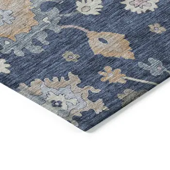 3' X 5' Navy Blue Beige And Gray Floral Washable Indoor Outdoor Area Rug