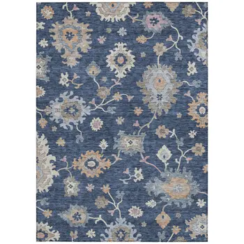 3' X 5' Navy Blue Beige And Gray Floral Washable Indoor Outdoor Area Rug