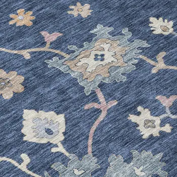 3' X 5' Navy Blue Beige And Gray Floral Washable Indoor Outdoor Area Rug