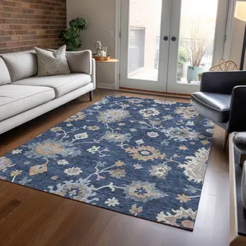 3' X 5' Navy Blue Beige And Gray Floral Washable Indoor Outdoor Area Rug