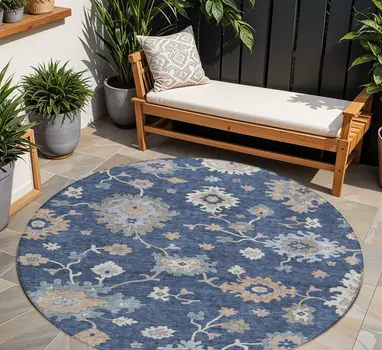 8' Navy Blue Beige And Gray Round Floral Washable Indoor Outdoor Area Rug