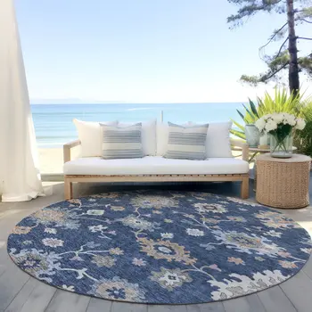8' Navy Blue Beige And Gray Round Floral Washable Indoor Outdoor Area Rug