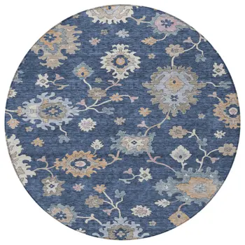 8' Navy Blue Beige And Gray Round Floral Washable Indoor Outdoor Area Rug