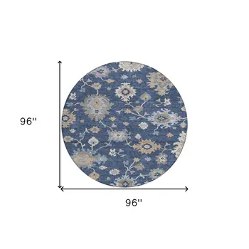8' Navy Blue Beige And Gray Round Floral Washable Indoor Outdoor Area Rug
