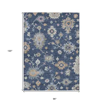 8' X 10' Navy Blue Beige And Gray Floral Washable Indoor Outdoor Area Rug