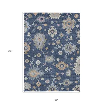 10' X 14' Navy Blue Beige And Gray Floral Washable Indoor Outdoor Area Rug