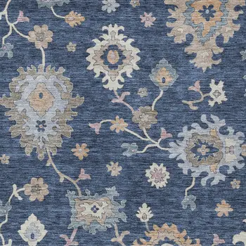 10' X 14' Navy Blue Beige And Gray Floral Washable Indoor Outdoor Area Rug