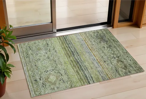 3' X 5' Artichoke Green Blue And Black Floral Washable Indoor Outdoor Area Rug
