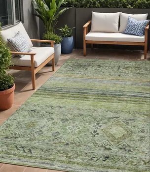 5' X 8' Artichoke Green Blue And Black Floral Washable Indoor Outdoor Area Rug
