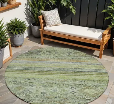 8' Artichoke Green Blue And Black Round Floral Washable Indoor Outdoor Area Rug