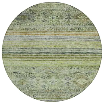 8' Artichoke Green Blue And Black Round Floral Washable Indoor Outdoor Area Rug