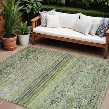 8' X 10' Artichoke Green Blue And Black Floral Washable Indoor Outdoor Area Rug