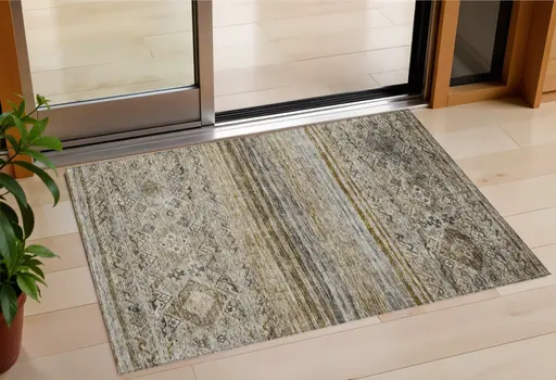 3' X 5' Brown Tan And Black Floral Washable Indoor Outdoor Area Rug